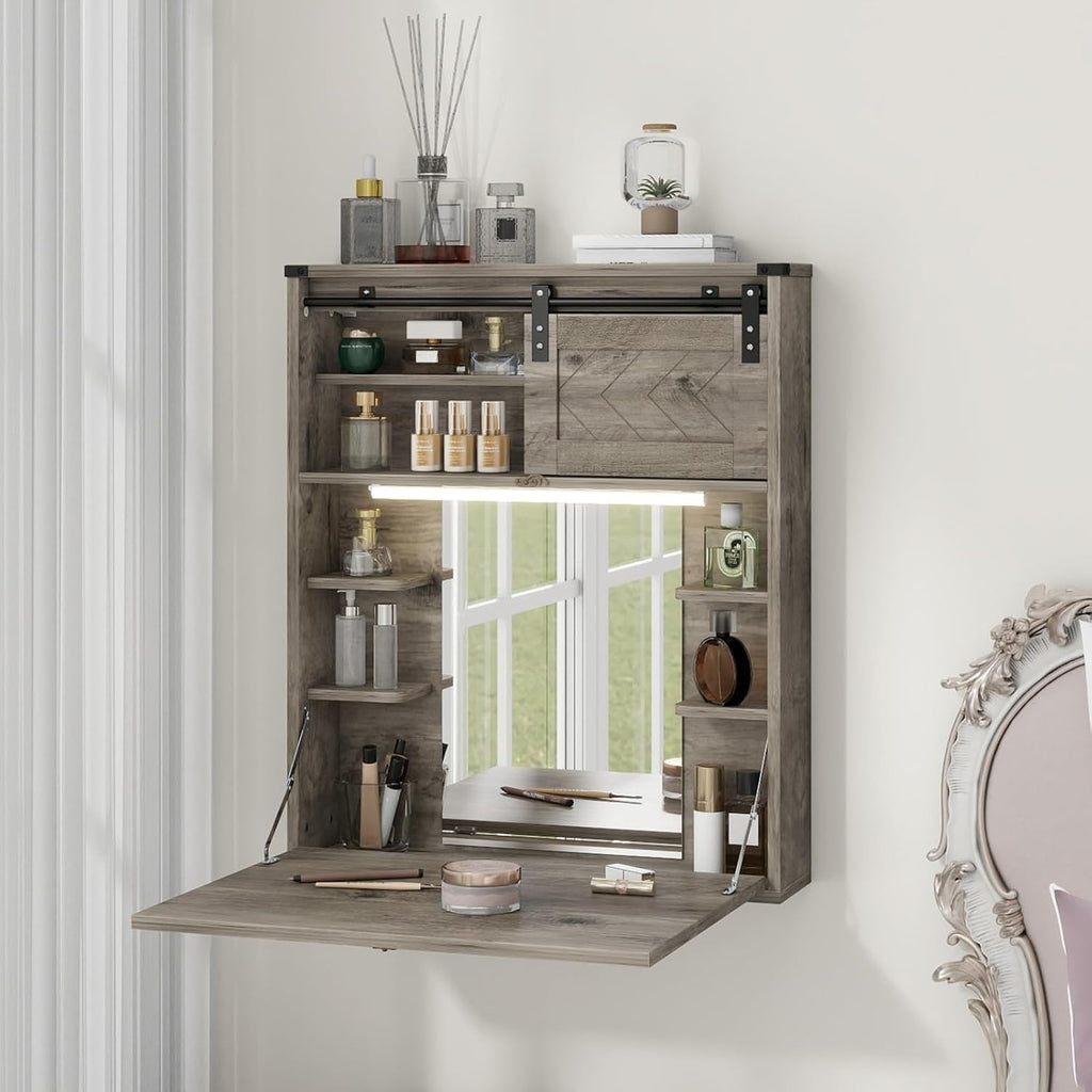 ARTETHYS Floating Vanity Desk with Mirror and Lights Small Wall Mounted Makeup Set with Storage Gray Farmhouse Dressing Table for Tiny Space
