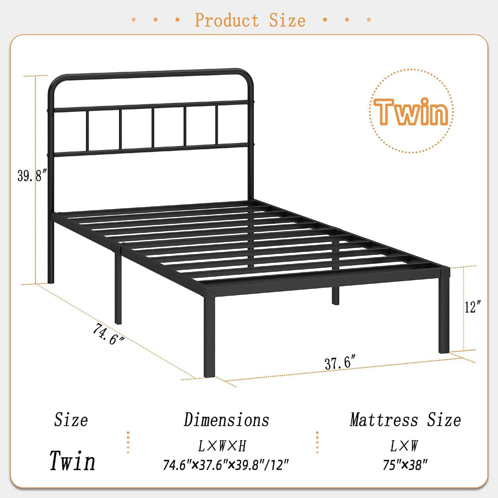 Kujielan 12 inches Twin Bed Frame with Minimalist headboard, Black