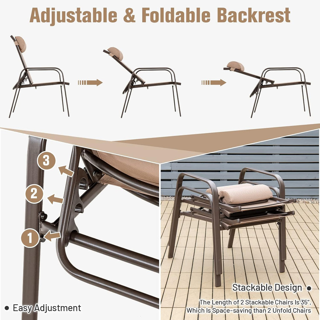 Tangkula Outdoor Bistro Set, 3 Pieces Patio Recliner Stackable Chairs with Adjustable & Folding Backrest, Removable Headrest and Tempered Glass Coffee Table Set, Patio Conversation Set (Brown)