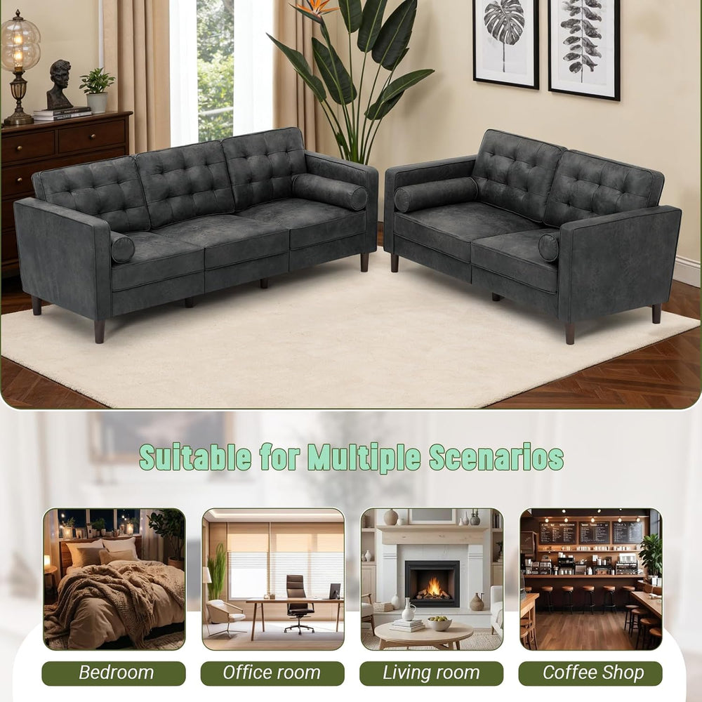 Suede Leather Upholstered Sofa Set with Tufted Backrests, Grey