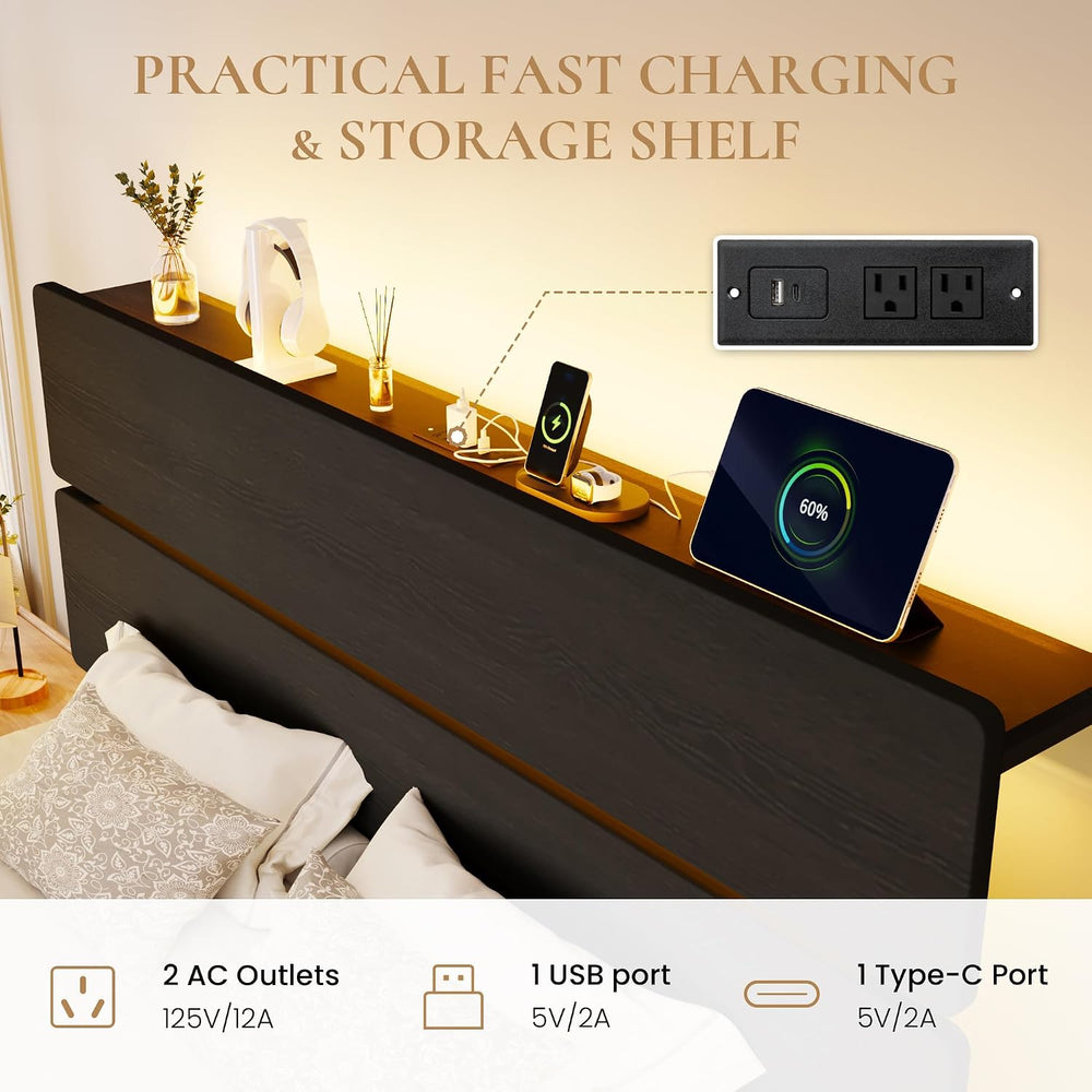 SHA CERLIN Queen Size Bed Frame, Led Light, Charging Station, Storage Shelf