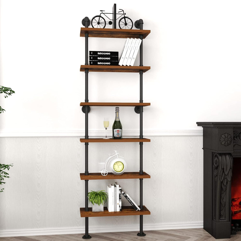 HOMEKAYT Industrial Pipe Shelf Rustic Wood Wall Shelf Ladder Bookshelf Wall M...