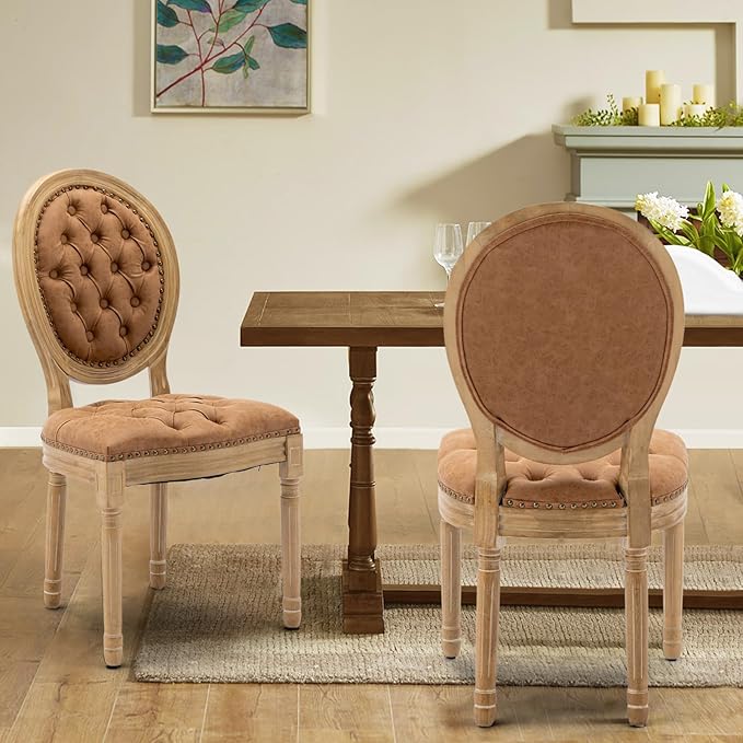 PU Leather Upholstered Dining Chairs Set of 2 French Country Round Back Kitchen Side Chairs with Nailhead Trim and Wood Legs for Dining Room, Kitchen, Restaurant(Orange)