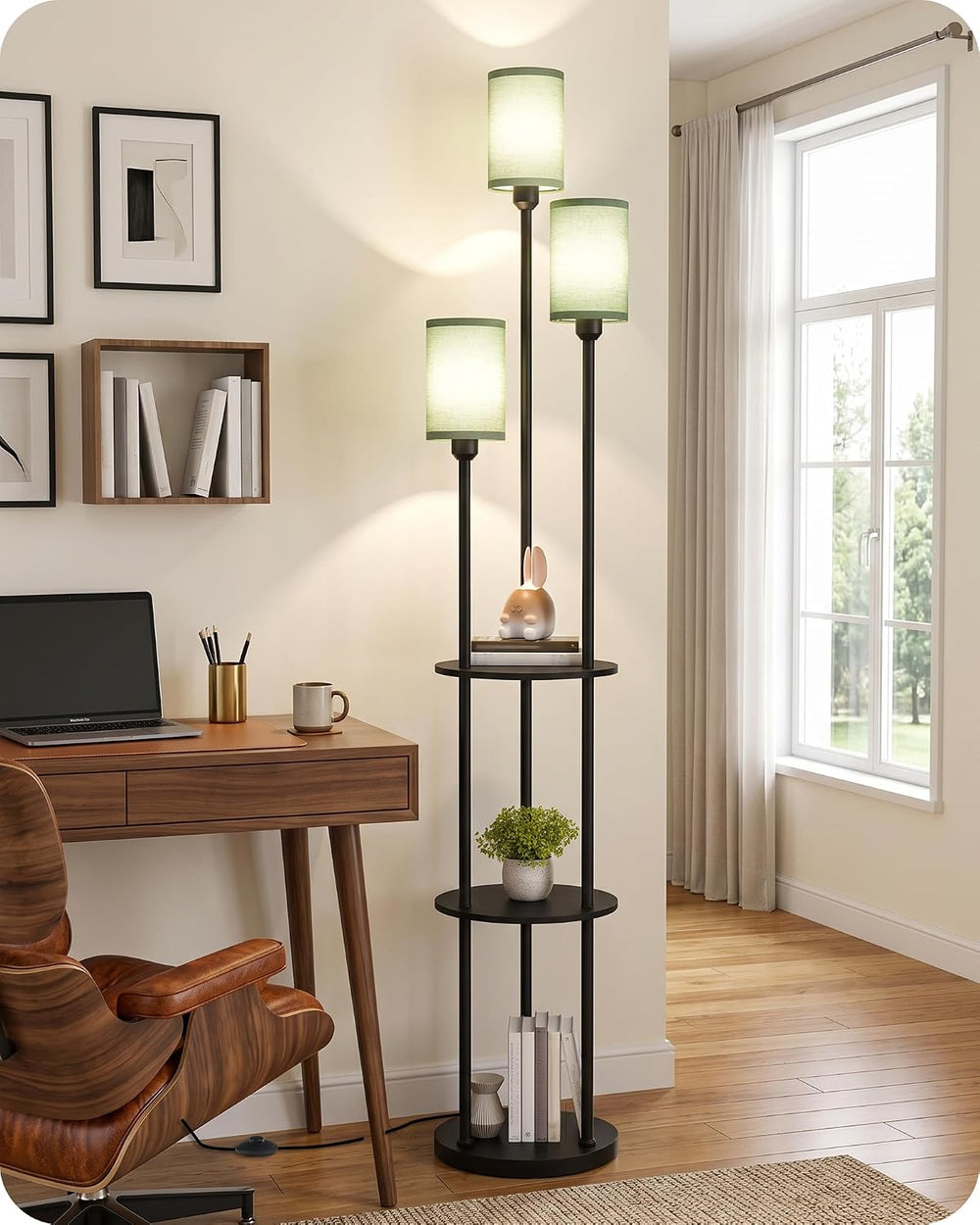 Floor Lamp with Shelves, Modern Floor Lamp with 3 Linen Shades and Foot Switc...