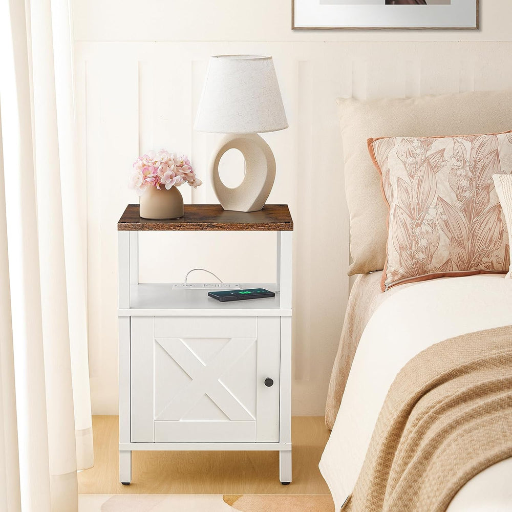 MAHANCRIS Farmhouse Nightstand with Charging Station, White Night Stand End T...