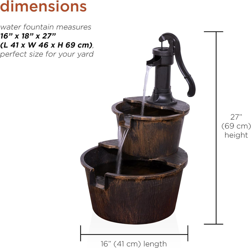 Alpine Corporation 27" Tall Rustic Outdoor 2-Tier Barrel Pump Water Foun...