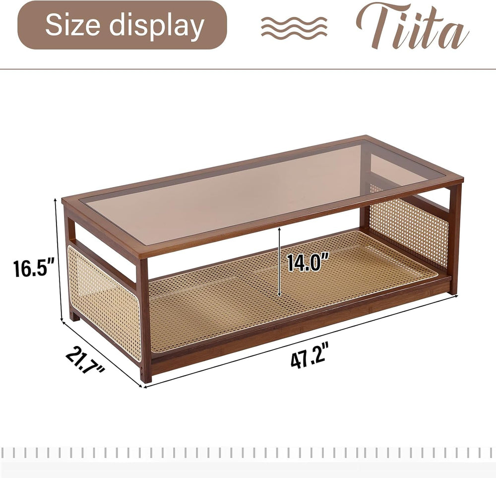 Tiita Large Bamboo Rectangle Coffee Table, Glass Top, Rattan Storage, Brown