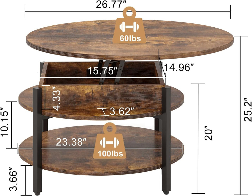 FABATO 26.77” Round Lift Top Coffee Table with Storage, Rustic Brown