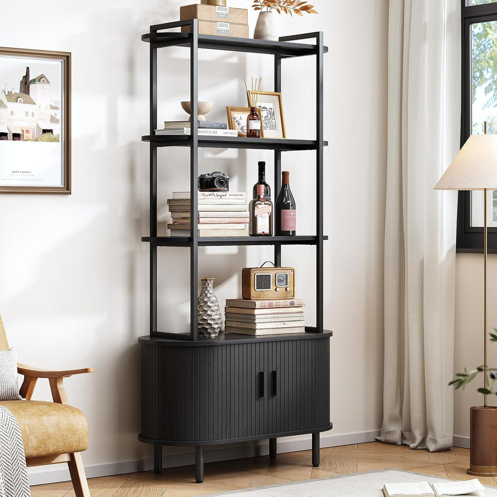 ONBRILL 71" Tall Bookshelf, 4-Tier Book Shelf with Storage Cabinet, Black