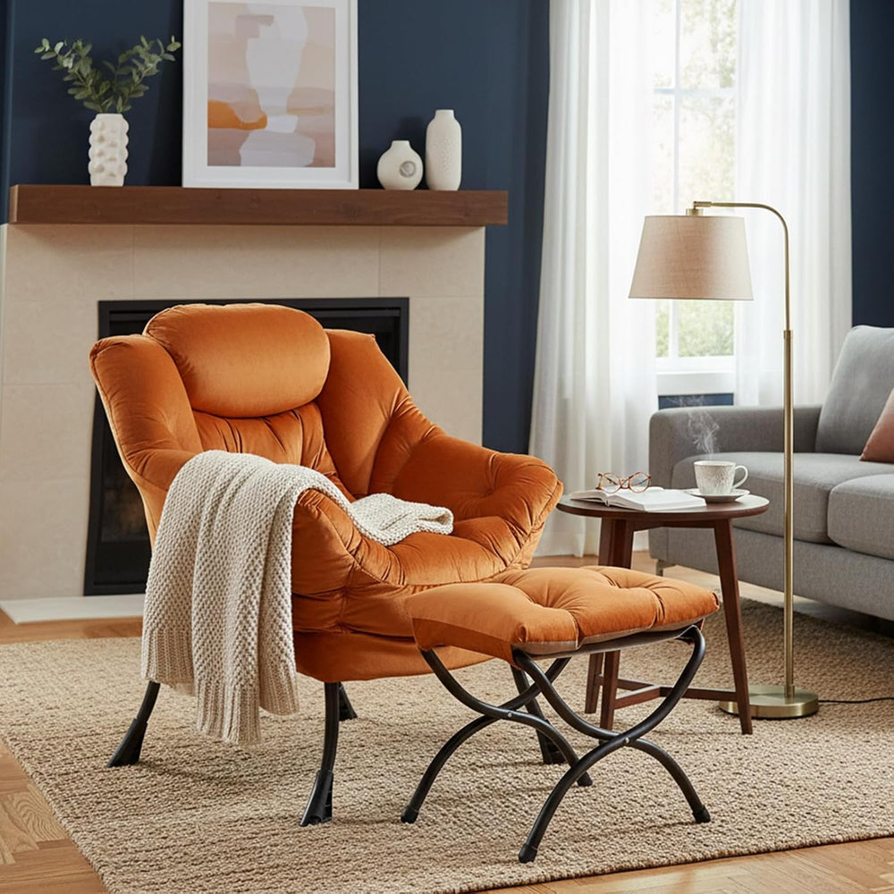 Welnow Lazy Chair with Ottoman, Reading Chair with Footrest, Reddish Brown