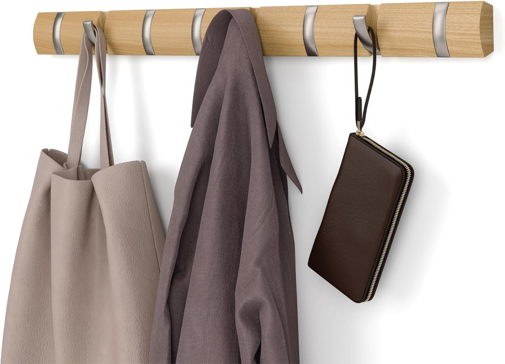 Umbra Flip Coat Rack, Wall Mount 8-Hook, Space Saving, Natural/Nickel