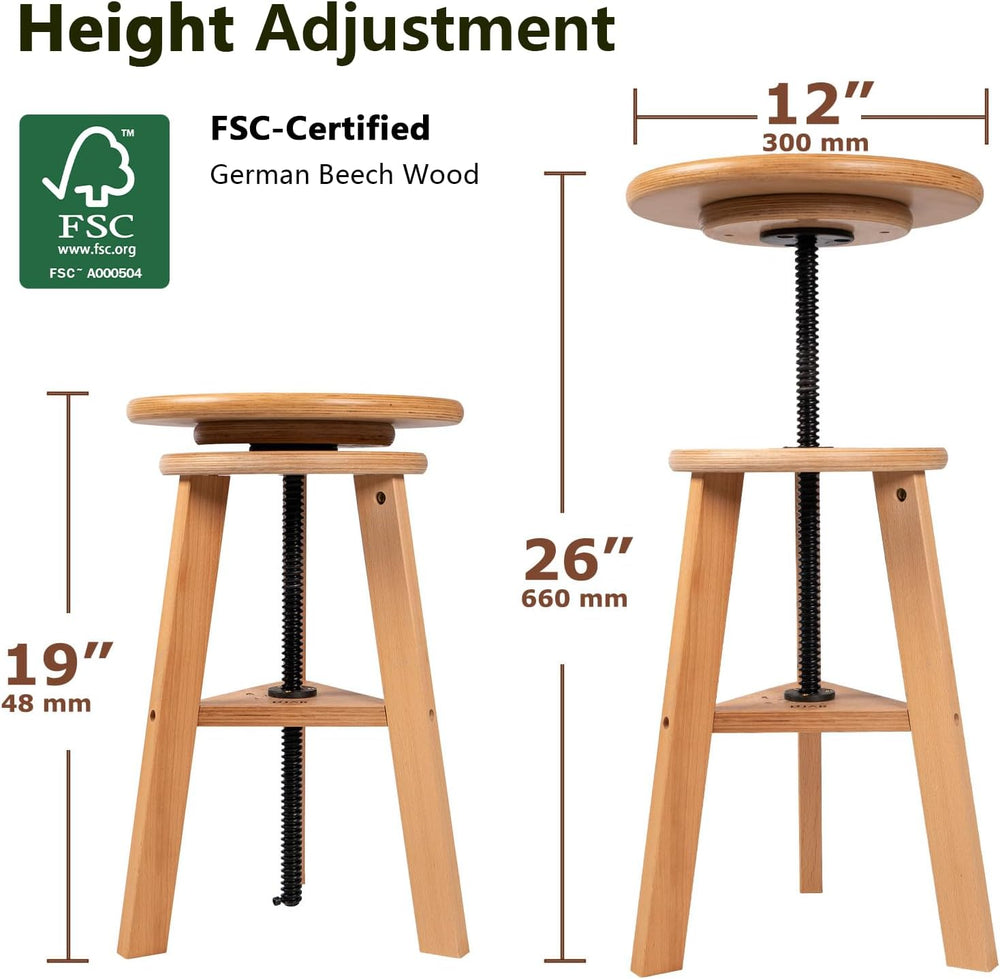 DJAR Wooden Drafting Stool with Adjustable Height for Art Studio, Natural
