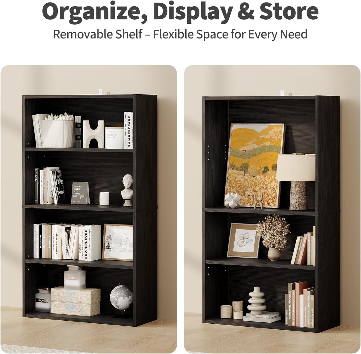 DUMOS 4-Tier Bookcase, 42 Inch Open Bookshelf, Black