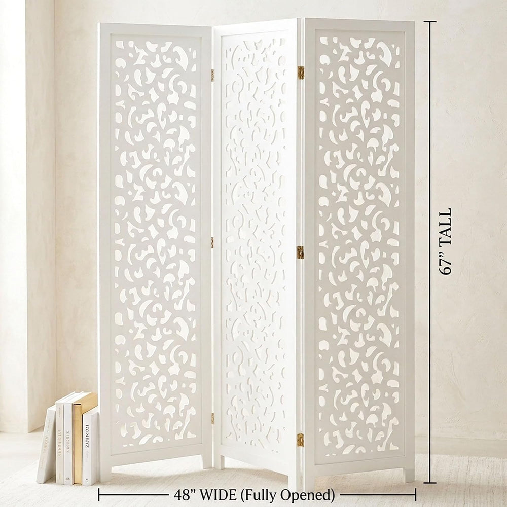Legacy Decor 3 Panel Screen Room Divider Cutout Wood Insert White 68-in H