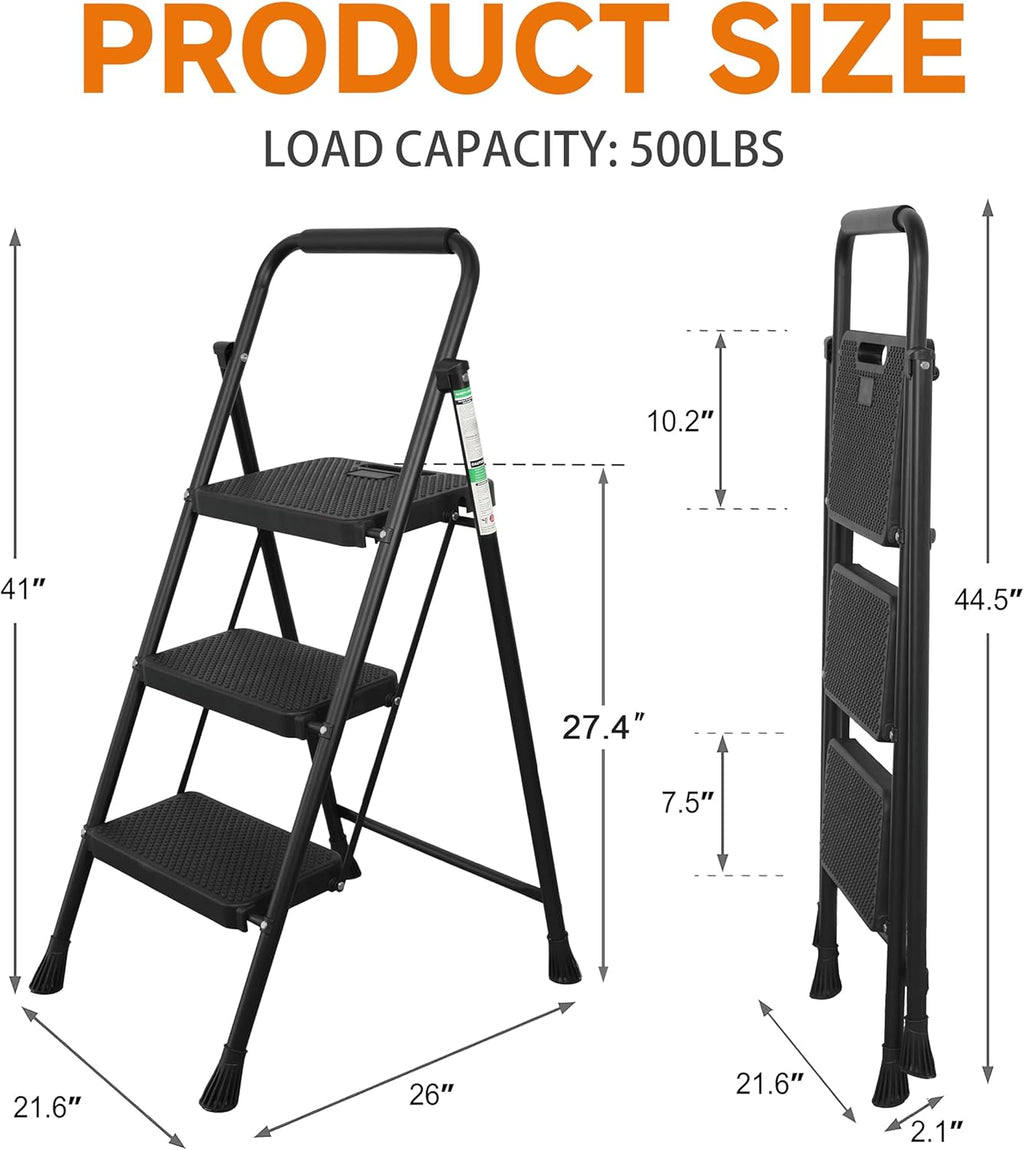Arbusb Step Ladder, Folding Steel Ladder with Handrail & Wide Pedals