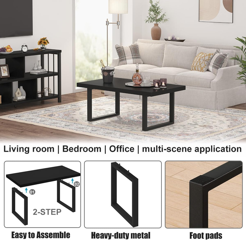 IBF Black Coffee Table,Simple Industrial Wood Center Table Black Oak 39 in