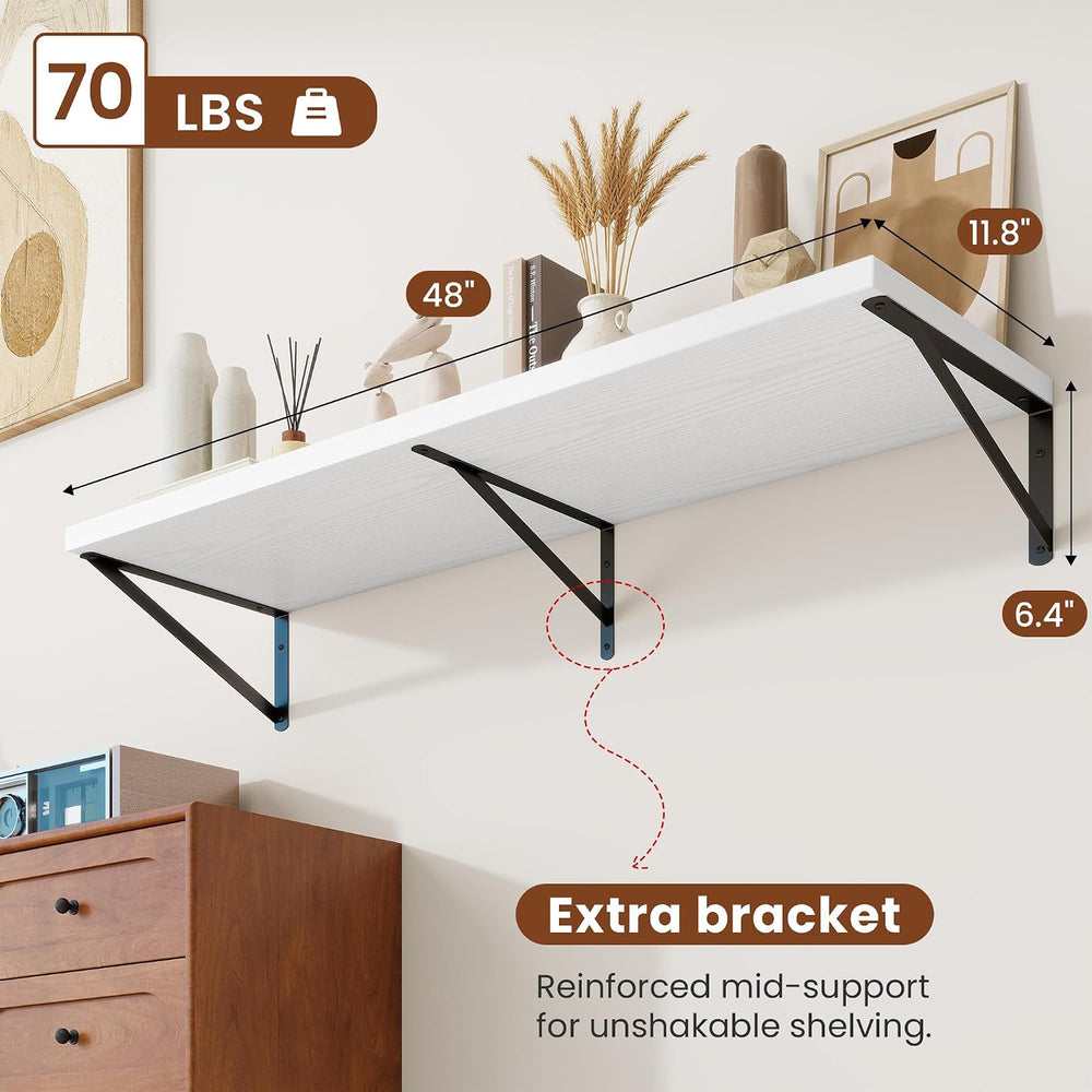 12" Deep Wall Shelves with Metal Brackets, 48" Wide, White Finish, ...
