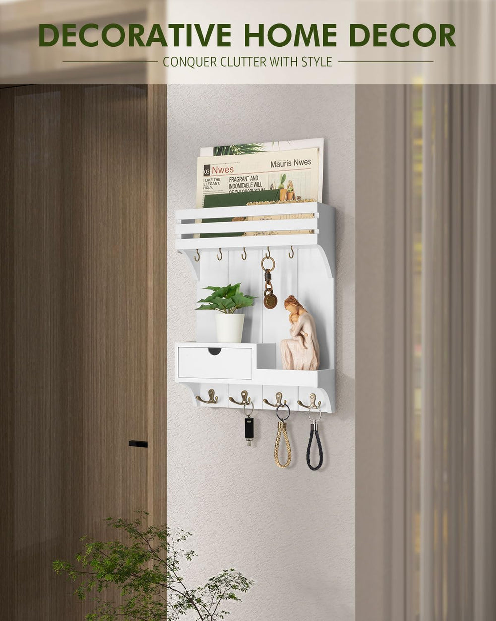 Rebee Vision Key Holder Wall Mount with Drawer & Shelf for Entryway, White