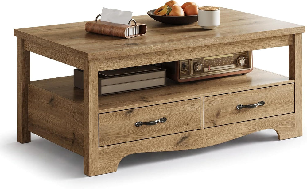LINSY HOME Farmhouse Coffee Table with Storage, Wood Coffee Table for Living ...