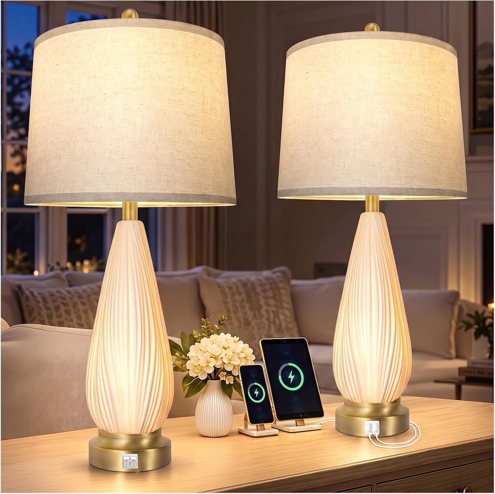 27.5" Translucent Ceramic Table Lamps Set of 2 with Night Light for Bedroom