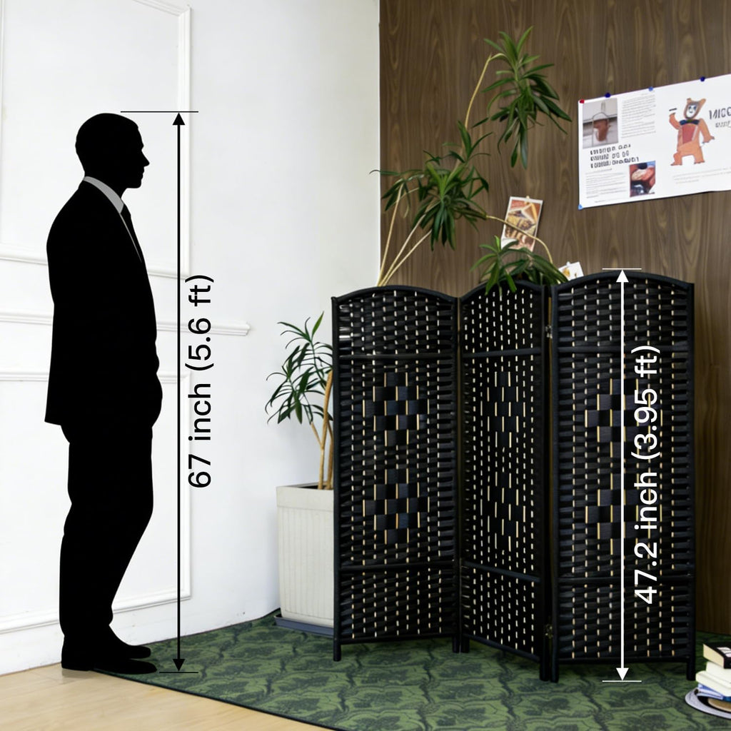 Furnnylane 3 Panel Black Rattan Room Divider for Room Separation, 47.2" Low Height Double Sided Folding Privacy Screen, Freestanding Partition Screen for Home Office - 3.95 ft Tall