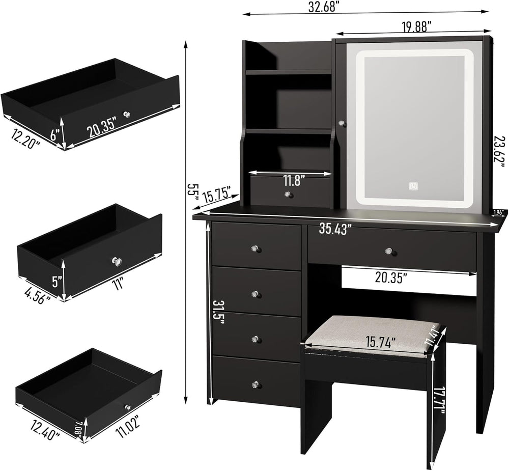 Vanity Desk with Mirror and LED Lights, Makeup Vanity Set with Power Outlet f...
