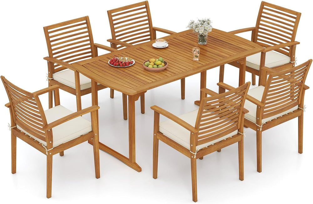 Tangkula 7 Piece Patio Acacia Wood Dining Set for 6, Patio Rectangle Table wi...