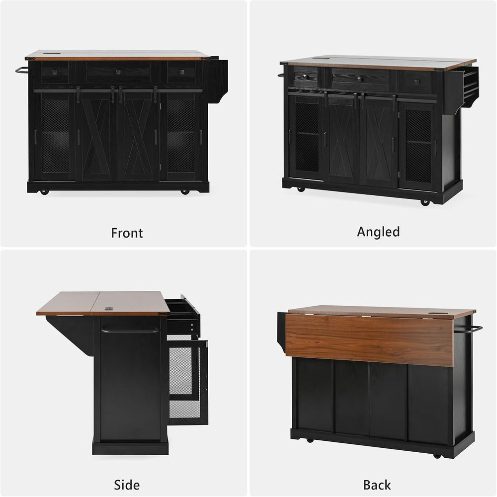 LUMISOL Farmhouse Kitchen Island Cart with Drop Leaf & 3 Drawers, Black