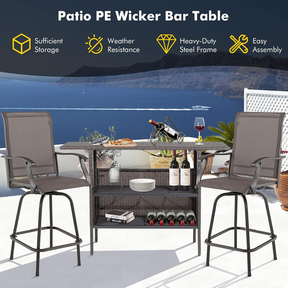 GIANTEX Outdoor Patio Wicker Bar Table, 2 Storage Shelves, 55''W Tabl...