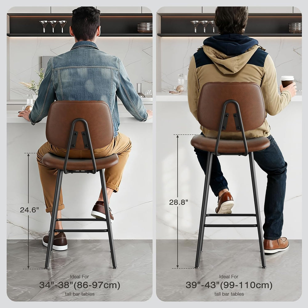 Raynesys 24-Inch Leather Bar Stools Set of 2 with High Backrest, Dark Brown