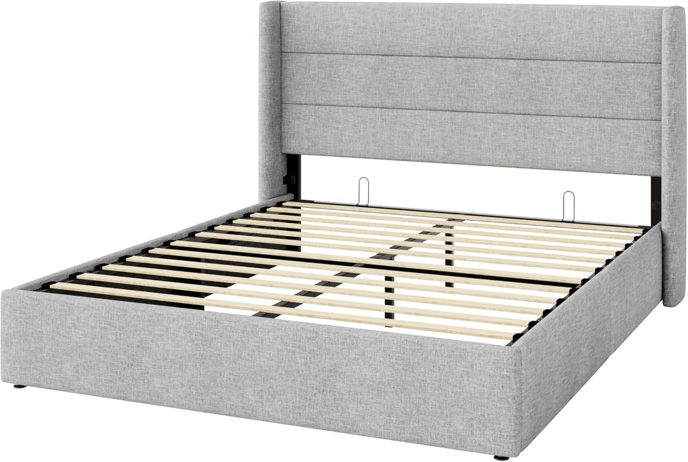 SHA CERLIN Queen Size Lift Up Hydraulic Storage Bed Frame Light Grey