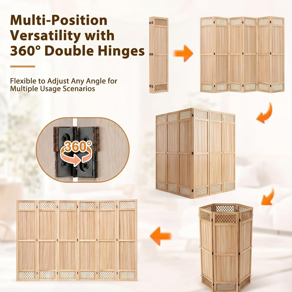 Wood Room Divider Privacy Screen, Natrual Carved Room Divider 6 Panel 67"