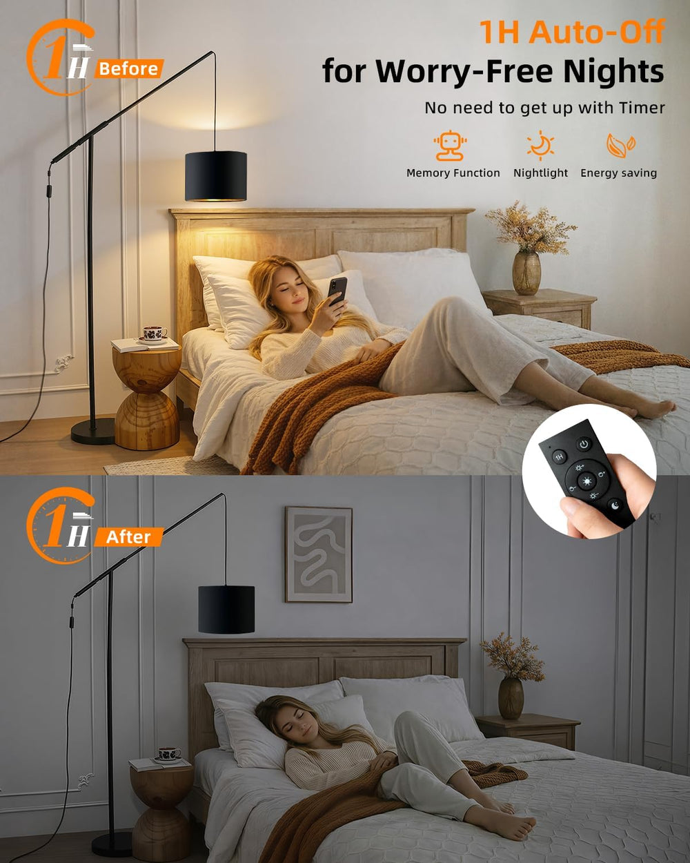 Arc Floor Lamp with Remote Control, LED Reading Light for Living Room