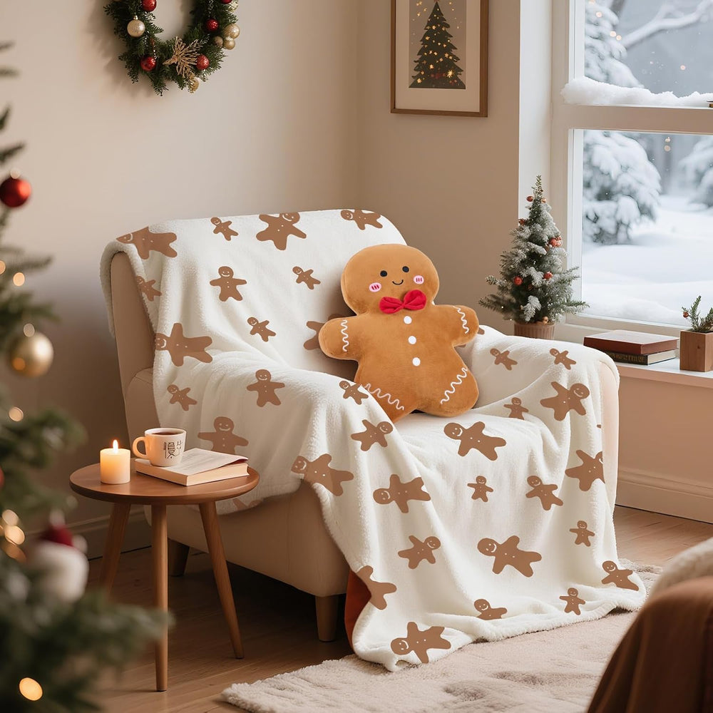 2pcs Gingerbread Man Christmas Throw Blanket and Pillow Set