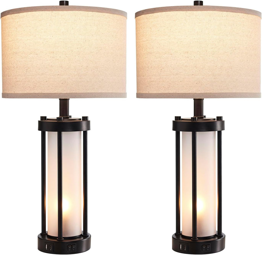 RORIA Set of 2 Modern Table Lamps for Living Room with 2 USB Ports, White Fro...