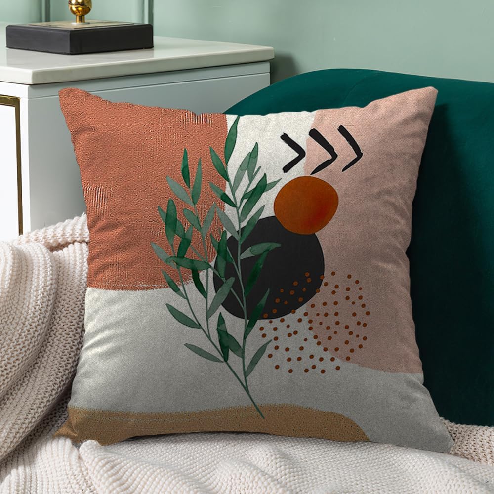 Boho Mid Century Modern Throw Pillow Covers Set of 6, Sun Moon Leaves Arch Ab...