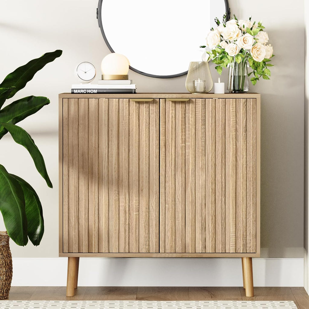 Vrullu Fluted Storage Cabinet, Free Standing Buffet, Wood Sideboard, Multifunctional Accent Storage for Living Room, Hallway, Entryway, Dining Room (1, Oak)