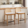 HEAH-YO Rattan Bar Stools Set of 2, 26 Inch Wood Counter Stools with Bakcrest, Linen Kitchen Stool for Island, Beige