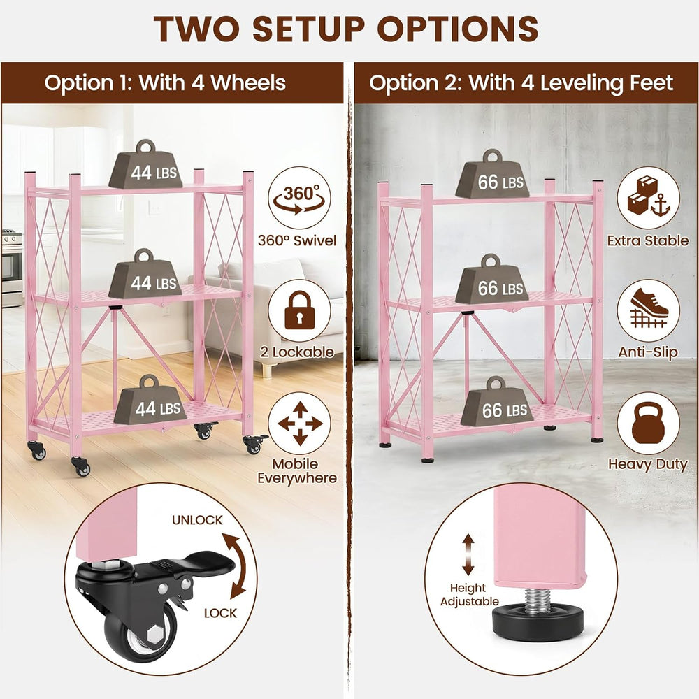 ALANNG 3 Tier Folding Shelf on Wheels, Heavy Duty Rolling Storage Cart