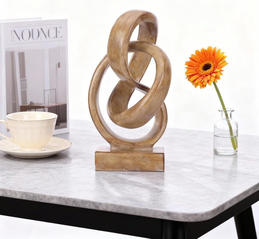 Abstract wood-toned knot sculpture, geometric decorative statue, wood-toned a...