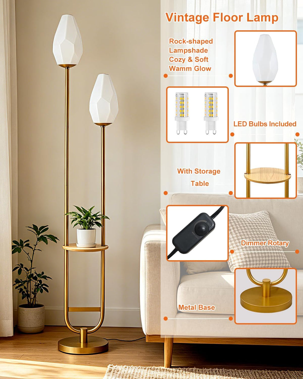 Lightdot 63IN Gold Floor Lamp with Shelf Mid Century Tall Standing Lamps with...