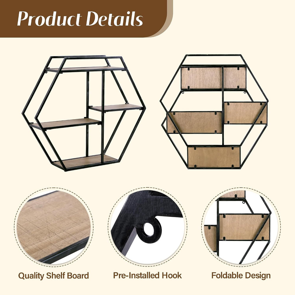 4 Tier Industrial Style Foldable Hexagon-Shaped Wall Shelves