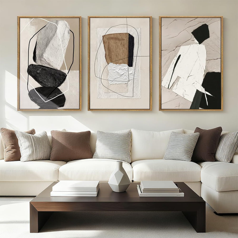 ANHUIB Large Neutral Abstract Wall Art Canvas,Black Beige Artwork, Modern Fra...