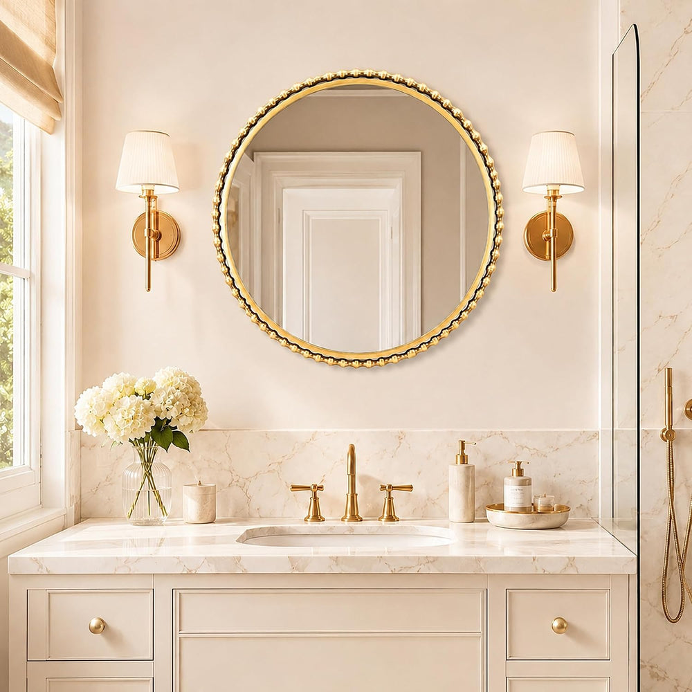 30" Round Bathroom Mirror, Antique Gold Bold Beaded Frame