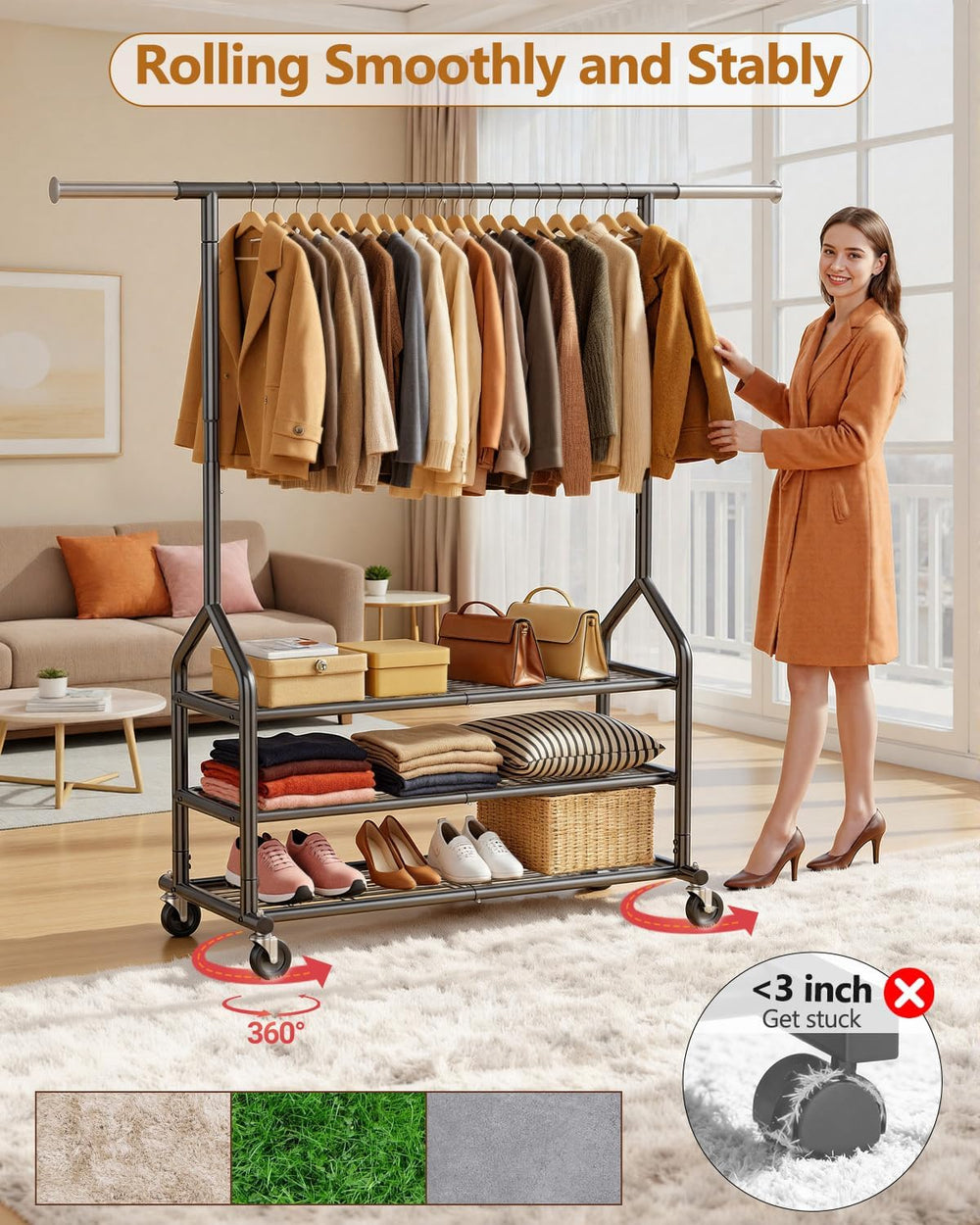 EAGMAK Heavy Duty Clothing Rack, Rolling Clothes Rack with 3 Shelves, Black