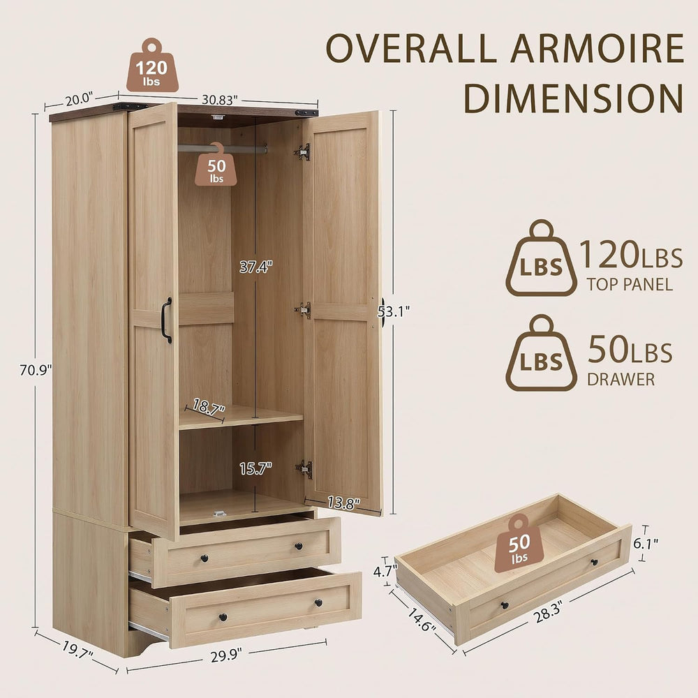 Brafab Wooden Armoire Wardrobe Closet with Drawers, Natural, Set of 2