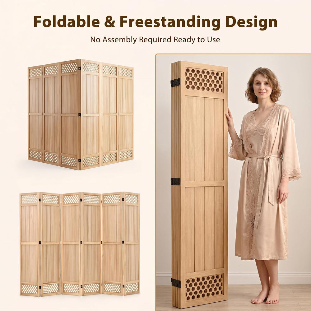 Wood Room Divider Privacy Screen, Natrual Carved Room Divider 6 Panel 67"