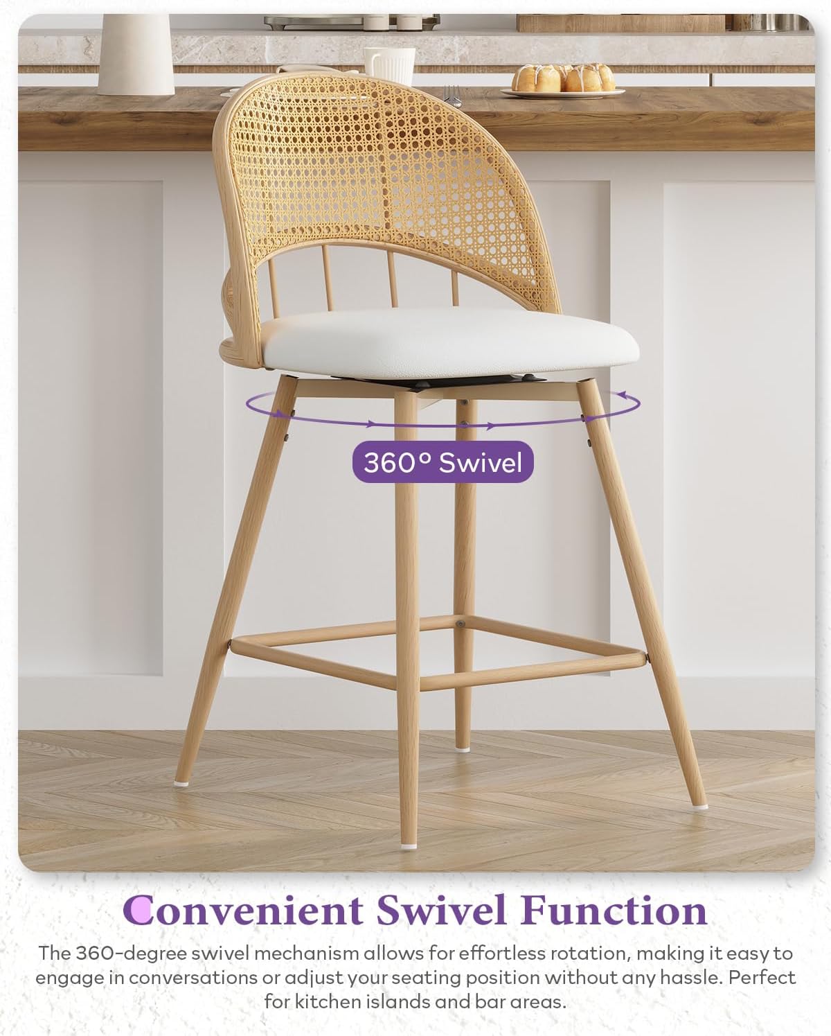 26'' Bar Stools Set of 2, Rattan Counter Height Swivel Stools for Kitchen