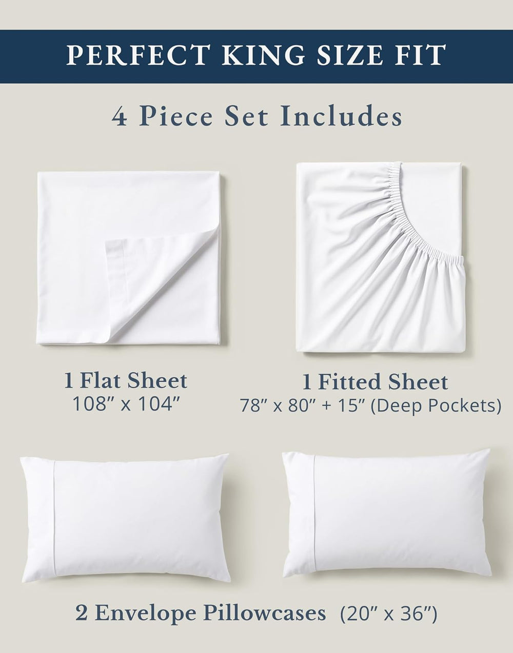 100% Organic Cotton King Size Sheets Set 4pc Percale Cooling Soft - White