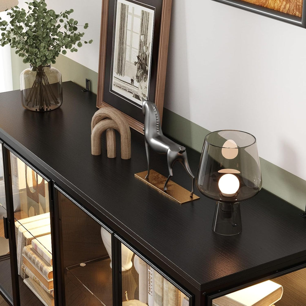 Display Cabinet with Glass Doors & LED Lights, Sideboard Buffet Cabinet w...